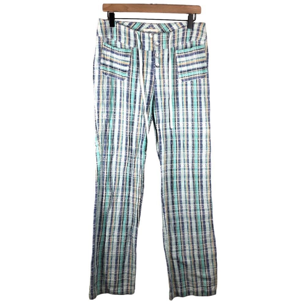 Sundance Gigi Green Blue Plaid Textured Wide Straight Pants Cotton Gauze Small